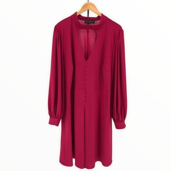 Eloquii Claret Open Neck Cutout Long Sleeve Button Front Dress NWT size 22 - Picture 1 of 13